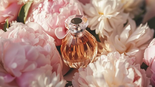 Perfume bottle with beautiful flowers. Floral background. Beauty concept. Flat lay, top view.