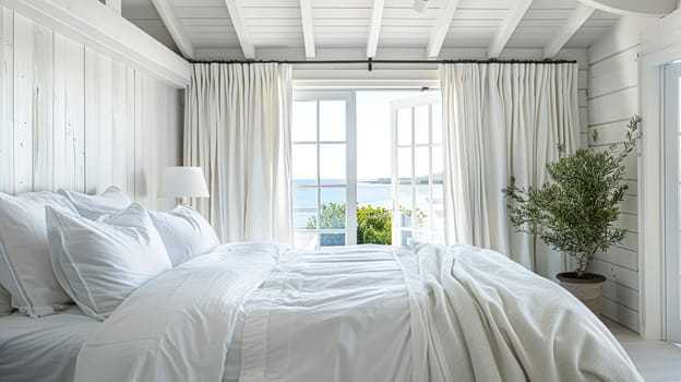 Beautiful interior of luxury bedroom with window sea view. Coastal cottage concept. High quality photo