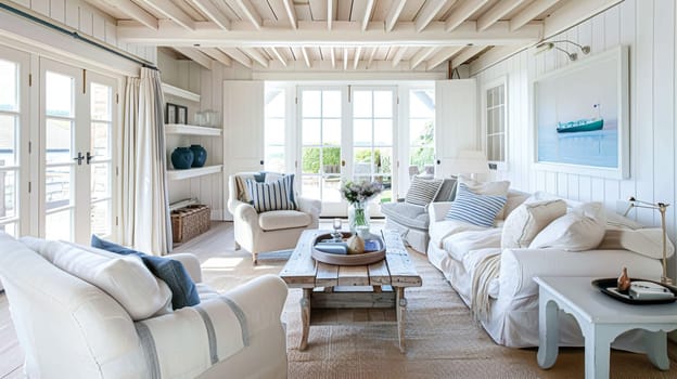 Interior of a living room with white walls, sofa and cushions. Sitting room in coastal cottage with sea view. Luxury lounge room