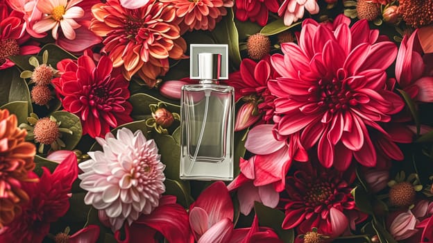 Perfume bottle with beautiful flowers. Floral background. Beauty concept. Flat lay, top view.