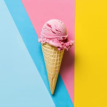 Scoops of ice cream in a waffle cone on a colorful background