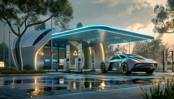 A futuristic car is parked at a gas station with neon lights by AI generated image.