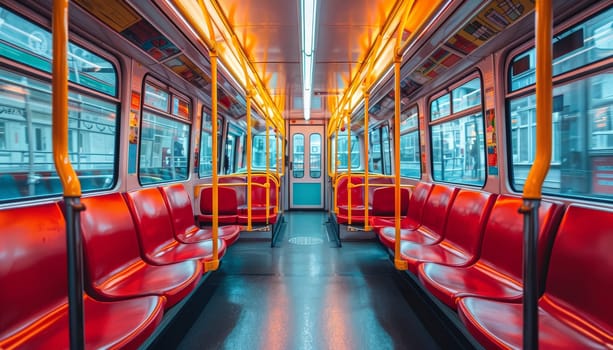 A bus with yellow poles and red seats by AI generated image.