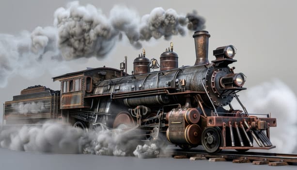 A steam train is traveling down a track with smoke coming out of the engine by AI generated image.