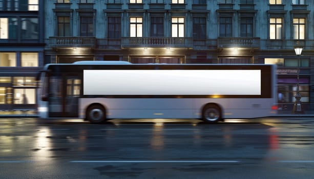 A white bus with a large white sign on the side of it by AI generated image.