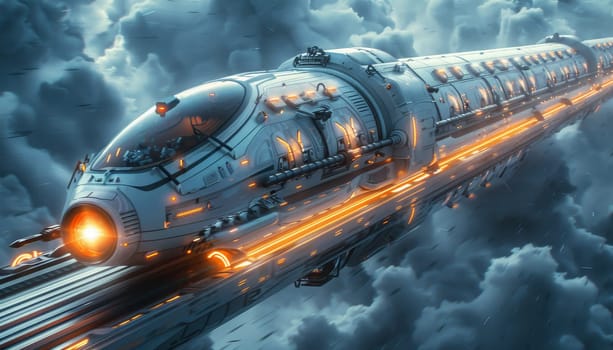 A futuristic train is flying through the sky by AI generated image.