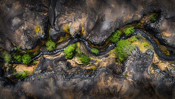 Aerial view of a natural landscape with rocky formations, a river, and lush vegetation including terrestrial plants, grass, and trees