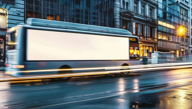 A white bus with a large white sign on the side of it by AI generated image.