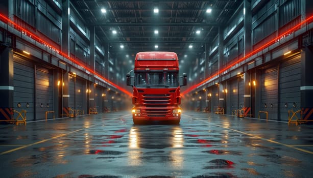 A red semi truck is parked in a large, empty warehouse by AI generated image.