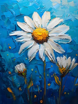 A beautiful painting of a daisy, a flowering plant, on a serene blue background. The artwork captures the delicate petals of the flower with artistic precision