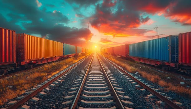 A train track with a sunset in the background by AI generated image.