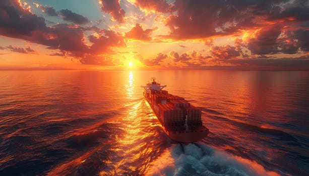 A large ship is sailing on the ocean with a beautiful sunset in the background by AI generated image.