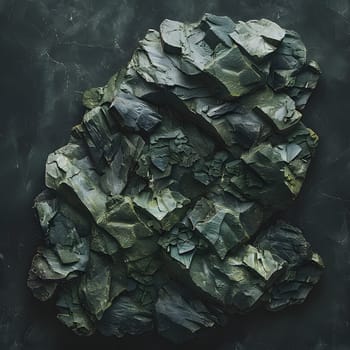 A close up still life photography of bedrock rocks arranged in a pattern on a black surface, blending in with the camouflage of the military background