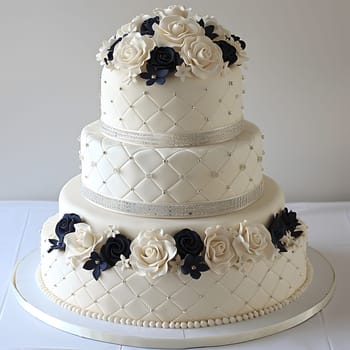 A white wedding cake adorned with black roses and pearls, perfect for a classy and elegant wedding ceremony. Get your cake decorating supplies and ingredients at our store