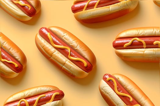 A bunch of hot dogs with mustard on a yellow background. The red hot dogs contrasting with the yellow background create a visually appealing dish