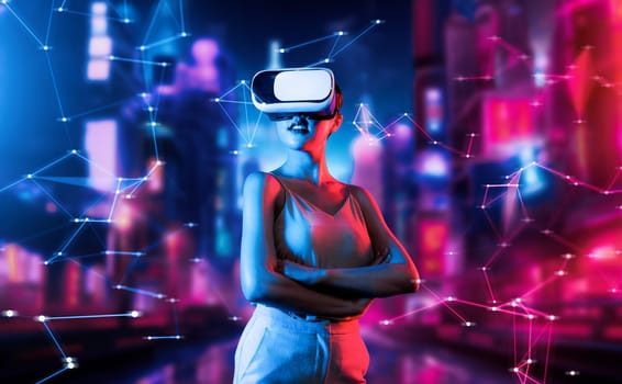 Female stand in virtual reality cyberpunk style building wear VR headset connect metaverse, future cyberspace community technology, She turn body to left crossed arm and confident pose. Hallucination.