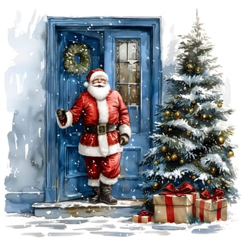 Santa Claus is beside a Christmas tree, adorned with ornaments and decorations, standing in front of a blue door, surrounded by snowcovered evergreen trees