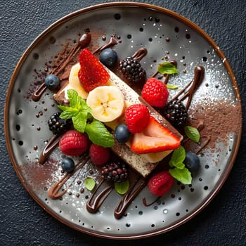 A delicious dessert featuring a combination of strawberries, bananas, and blueberries beautifully arranged on a plate. Perfect for a refreshing and colorful treat