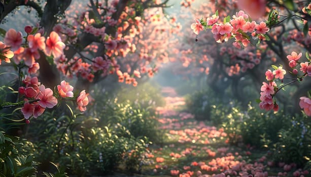 The sun is illuminating the cherry blossom trees in a flowerfilled forest, creating a beautiful natural landscape with vibrant petals and lush groundcover
