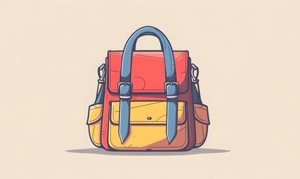 An artful drawing of a vibrant red and yellow backpack with electric blue handles. This fashionable bag is a travel essential and a musthave fashion accessory