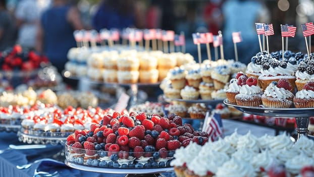 A table overflowing with cupcakes covered in frosting, decorated in red, white, and blue for an Independence Day party, with flag picks in each dessert, and guests in patriotic attire.