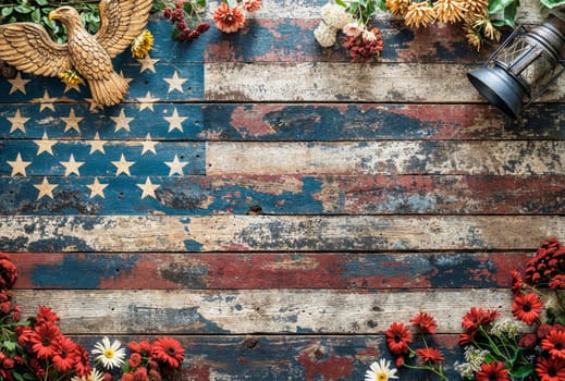 Rustic flat lay featuring a distressed American flag on weathered barn boards, with lanterns, wildflowers, and a wooden eagle.