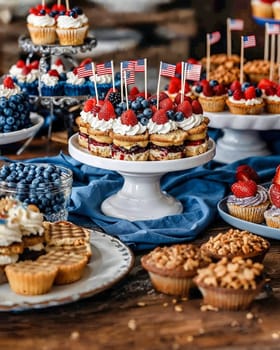 A crowded table filled with various cupcakes and muffins in vibrant red, blue, and white colors, all adorned with flag picks, at an Independence Day celebration.