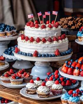 Patriotic dessert table with vibrant red, blue, white treats