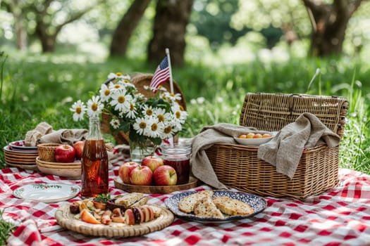 A checkered picnic blanket is laid out on the grass with a U.S. flag, picnic basket, food, and apple cider.