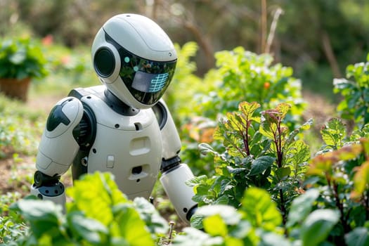 Ai robot examines plants in garden during daytime, displaying health reports