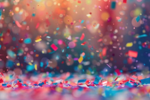 Colorful confetti on blurred background, copy space, during celebration event at evening