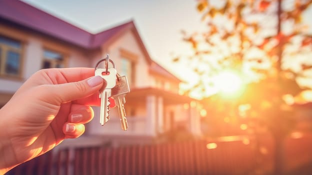 A hand holds house keys against the background new house during a move. A real estate agent hands over keys to a house. Moving new house, housewarming, lending to a young family, housewarming in a new house, loan or leasing from a bank, real estate