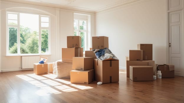 Moving in. Stack of cardboard boxes in the empty room with copy space Moving to a new house, housewarming, lending to a young family, housewarming in a new house, loan or leasing from a bank, real estate, for commercial use