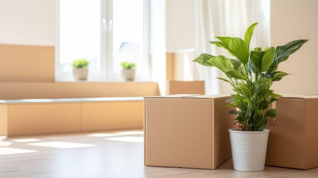 Moving in. Stack of cardboard boxes in the empty room with copy space Moving to a new house, housewarming, lending to a young family, housewarming in a new house, loan or leasing from a bank, real estate, for commercial use