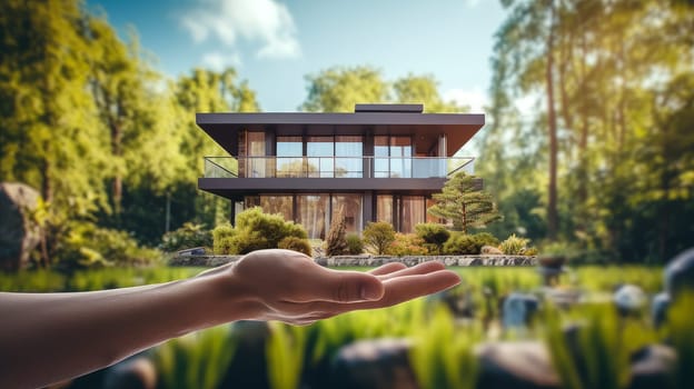 Mockup of a modern house on hand against the background of a green forest, energy resources, environmentally friendly. Moving to a new house, housewarming in a new house, loan or leasing from a bank, real estate, for commercial use