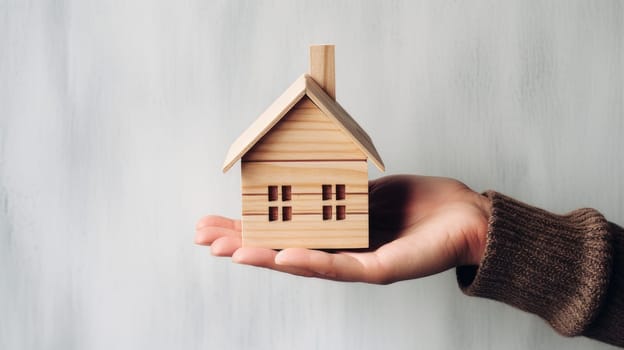 Small toy model, wooden house layout in hand, energy resources, environmental friendly. Moving to a new house, housewarming, lending to a young family, housewarming in a new house, loan or leasing from a bank, real estate, for commercial use