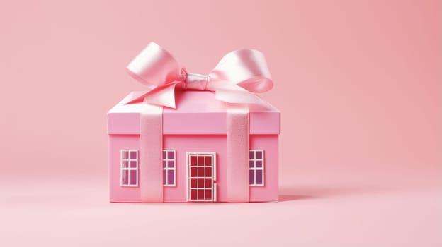 Mockup of a house in a gift ribbon on a yellow background, gift, moving, real estate. Moving to a new house, housewarming, lending to a young family, housewarming in a new house, loan or leasing from a bank, real estate, for commercial use
