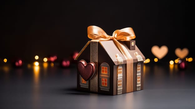 House mockup in gift tape on dark background with glowing bokeh, gift, moving, real estate. Moving to a new house, housewarming, lending to a young family, housewarming in a new house, loan or leasing from a bank, real estate, for commercial use