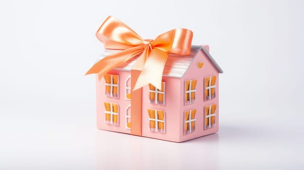 House mockup in gift tape on dark background with glowing bokeh, gift, moving, real estate. Moving to a new house, housewarming, lending to a young family, housewarming in a new house, loan or leasing from a bank, real estate, for commercial use
