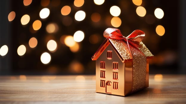 House mockup in gift tape on dark background with glowing bokeh, gift, moving, real estate. Moving to a new house, housewarming, lending to a young family, housewarming in a new house, loan or leasing from a bank, real estate, for commercial use