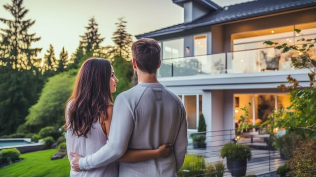 Back portrait of a young couple standing and hugging, happy in front of their new home to start a new life. Moving new house, housewarming, lending young family, housewarming in a new house, loan or leasing from bank, real estate, for commercial use