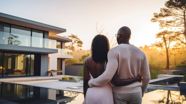 Back portrait of a young African American black couple standing and hugging, happy in front of their new home to start a new life. Moving to a new house, housewarming, lending young family, loan or leasing from a bank, real estate, for commercial use