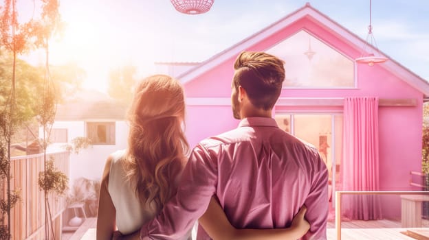 Back portrait of a young couple standing and hugging, happy in front of their new home to start a new life. Moving new house, housewarming, lending young family, housewarming in a new house, loan or leasing from bank, real estate, for commercial use