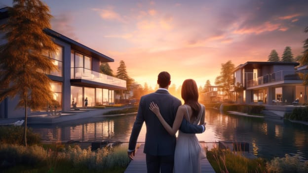 Back portrait of a young couple standing and hugging, happy in front of their new home to start a new life. Moving new house, housewarming, lending young family, housewarming in a new house, loan or leasing from bank, real estate, for commercial use