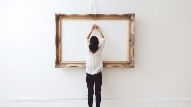 Photo of man in modern gallery looking at the empty canvas. Blank mockup, motion blur.