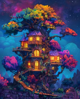 An art piece depicting a tree house in a world of colorful trees, with electric blue and magenta hues. The darkness adds depth to this marine biologyinspired building event