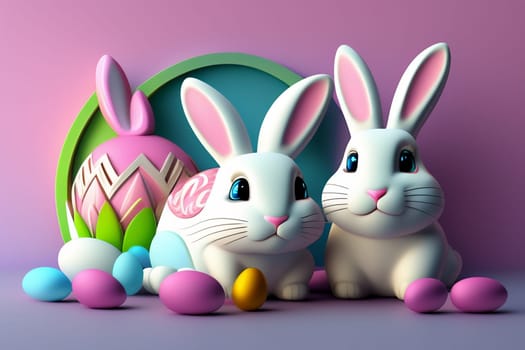 Easter bunny and colorful Easter eggs in pastel colors. Happy Easter concept. AI generative.