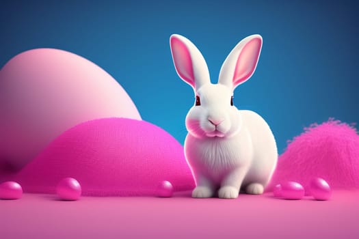 Easter bunny with Easter eggs in neon pink and blue light in 3d style. Happy Easter Concept. AI generative.