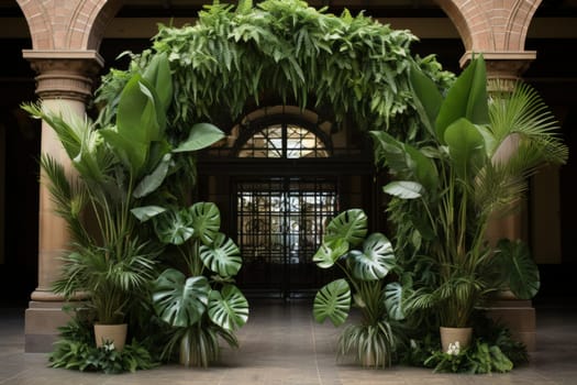 Elegant tropical wedding arch decor in beautiful green jungle setting for memorable ceremony