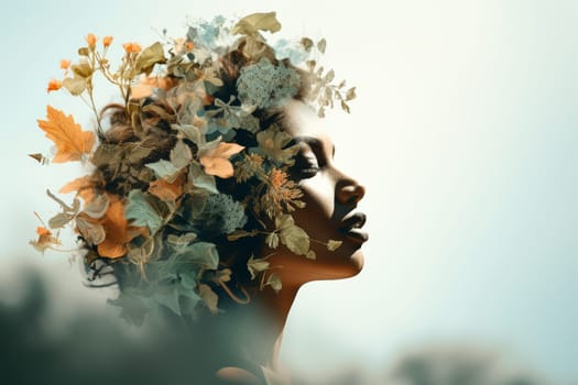 Double exposure portrait of woman with spring flowers on her face, creative spring concept